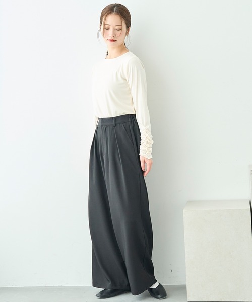 mil(ミル)の「ワイドシルエット ダブルタックパンツ【586132】(スラックス・レディース・ブラック/チャコールグレー/ライトグリーン/モカ・FREE/S-Short/S-Regular/M-Short/M-Regular)」の10枚目の写真