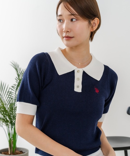 U.S. POLO ASSN.(ユーエスポロアッスン)の「【U.S. POLO ASSN./ユーエスポロアッスン】【なめらか極上タッチ】サマーニットポロ 上品な質感 軽やかで涼しい ロングシーズン活躍(ポロシャツ・レディース・ブラック/ネイビー/グリーン/オフホワイト・LARGE/MEDIUM)」の6枚目の写真
