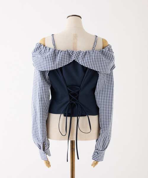one after another NICE CLAUP(ワンアフターアナザーナイスクラップ)の「チェックブロッキングカラーオフショルブラウス(シャツ/ブラウス・レディース・ホワイト×ブラック/ホワイト×レッド/ネイビー・FREE)」の8枚目の写真