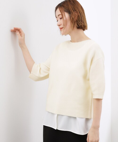grove（グローブ）の「【貴島明日香さん着用／洗濯機OK】レイヤードにもおすすめ、軽やかクロップドニット（ニット/セーター・レディース・ブラック/オフホワイト/グリーン/ライトグレー/ピンク・02/03/01/05/04）」の8枚目の写真