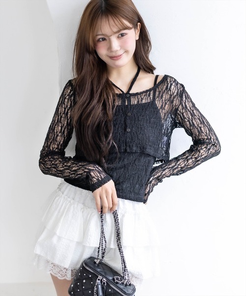 clear（クリア）の「ホルターネックレースカーディガン＆キャミソールセット［骨格ウェーブ/華奢見え/フェミニン/アンサンブルトップス］（カーディガン/ボレロ・レディース・ブラック/オフホワイト/ピンク・F）」の2枚目の写真