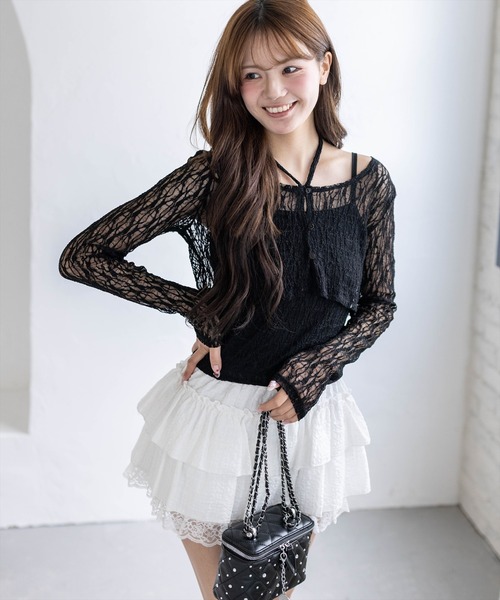 clear（クリア）の「ホルターネックレースカーディガン＆キャミソールセット［骨格ウェーブ/華奢見え/フェミニン/アンサンブルトップス］（カーディガン/ボレロ・レディース・ブラック/オフホワイト/ピンク・F）」の16枚目の写真