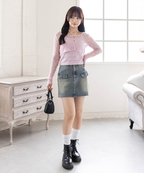 clear（クリア）の「ホルターネックレースカーディガン＆キャミソールセット［骨格ウェーブ/華奢見え/フェミニン/アンサンブルトップス］（カーディガン/ボレロ・レディース・ブラック/オフホワイト/ピンク・F）」の4枚目の写真