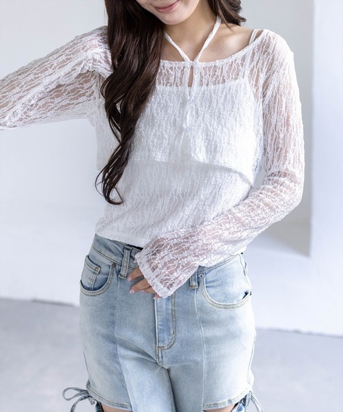 clear（クリア）の「ホルターネックレースカーディガン＆キャミソールセット［骨格ウェーブ/華奢見え/フェミニン/アンサンブルトップス］（カーディガン/ボレロ・レディース・ブラック/オフホワイト/ピンク・F）」の9枚目の写真