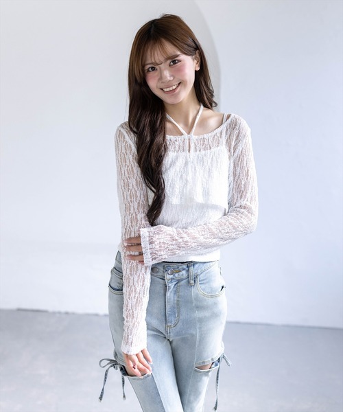 clear（クリア）の「ホルターネックレースカーディガン＆キャミソールセット［骨格ウェーブ/華奢見え/フェミニン/アンサンブルトップス］（カーディガン/ボレロ・レディース・ブラック/オフホワイト/ピンク・F）」の10枚目の写真