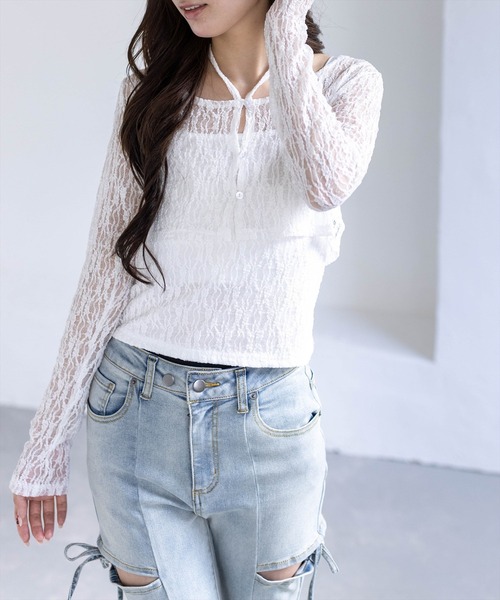 clear（クリア）の「ホルターネックレースカーディガン＆キャミソールセット［骨格ウェーブ/華奢見え/フェミニン/アンサンブルトップス］（カーディガン/ボレロ・レディース・ブラック/オフホワイト/ピンク・F）」の8枚目の写真