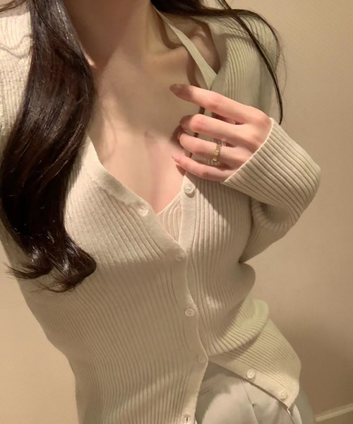 Doula Doula(ドゥーラドゥーラ)の「Vネックリブニットカーディガン&キャミソール 2点セット(カーディガン/ボレロ・レディース・グレー/ベージュ/ピンク/ホワイト/ブラック・FREE)」の19枚目の写真
