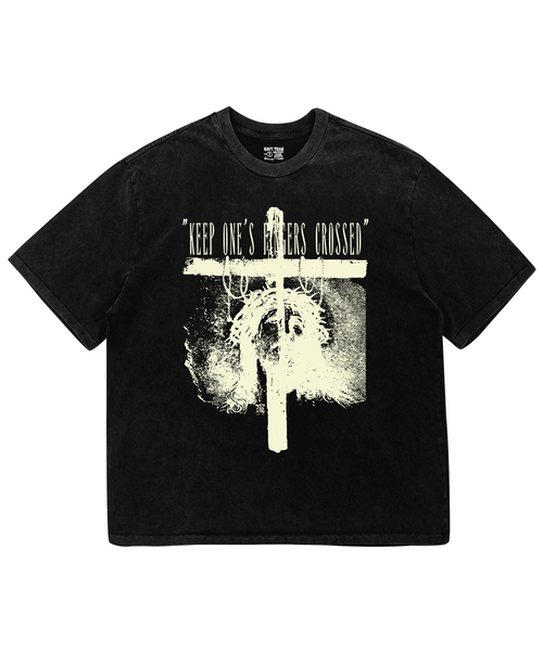 NAVYTEAM(ネイビーチーム)の「KEEP ONES FINGERS CROSSED ピグメントダイング半袖Tシャツ(Tシャツ/カットソー・レディース・ブラック×ベージュ/ブラック×グレー・1/2/3)」の1枚目の写真