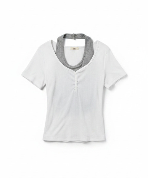 VIVID LADY(ビビッドレディー)の「ホルターネックドッキング レイヤード風 リブトップス(Tシャツ/カットソー・レディース・グレー/ブラック/ホワイト・FREE)」の16枚目の写真