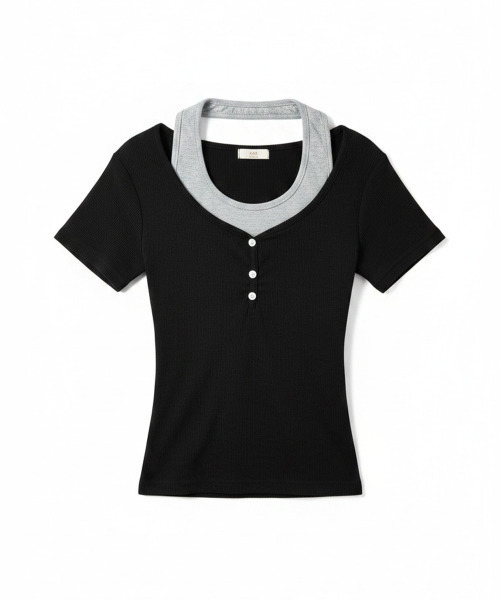 VIVID LADY(ビビッドレディー)の「ホルターネックドッキング レイヤード風 リブトップス(Tシャツ/カットソー・レディース・グレー/ブラック/ホワイト・FREE)」の18枚目の写真