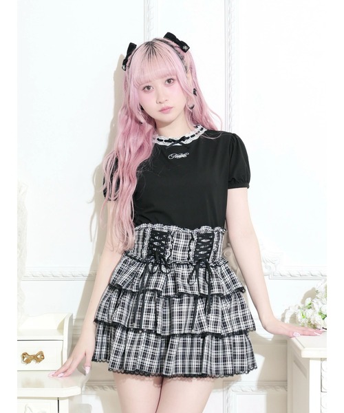 NOEMIE(ノエミー)の「ハシゴレースフロントリボンロゴ刺繍Tシャツ(Tシャツ/カットソー・レディース・ブラック/ピンク/オフホワイト・M)」の3枚目の写真