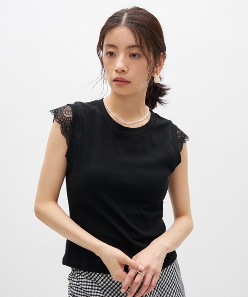 Lutim by u(ルチバイユー)の「レーススリーブストレッチTシャツ(Tシャツ/カットソー・レディース・ブラック/ホワイト・FREE)」の1枚目の写真