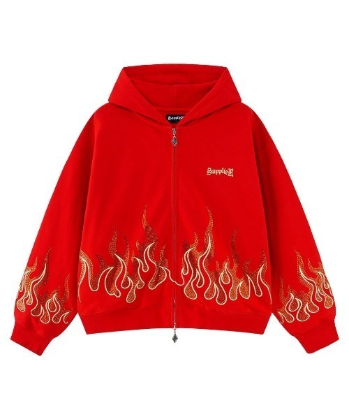 SUPPLIER(サプライヤー)の「A'GEM/9 × .kom 『SUPPLIER/サプライヤー』 Fire Pattern Rhinestone Zip Hoodie/ファイヤーパターン ラインストーン ジップ パーカー(パーカー・メンズ・ブラック/レッド・L)」の2枚目の写真