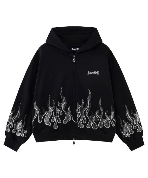 SUPPLIER(サプライヤー)の「A'GEM/9 × .kom 『SUPPLIER/サプライヤー』 Fire Pattern Rhinestone Zip Hoodie/ファイヤーパターン ラインストーン ジップ パーカー(パーカー・メンズ・ブラック/レッド・L)」の1枚目の写真