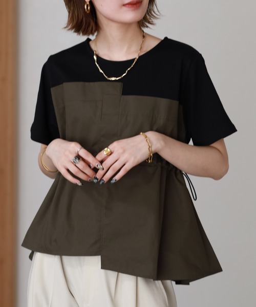 Arinomama(アリノママ)の「Arinomama 200g コーマ糸シルケット天竺 ビスチェ ドッキング Tシャツ 半袖(Tシャツ/カットソー・レディース・グレイッシュベージュ/ホワイト系/ブラック系・FREE)」の3枚目の写真