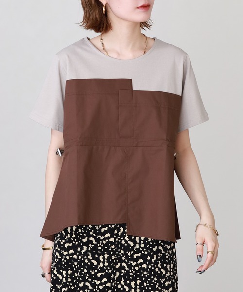 Arinomama(アリノママ)の「Arinomama 200g コーマ糸シルケット天竺 ビスチェ ドッキング Tシャツ 半袖(Tシャツ/カットソー・レディース・グレイッシュベージュ/ホワイト系/ブラック系・FREE)」の11枚目の写真