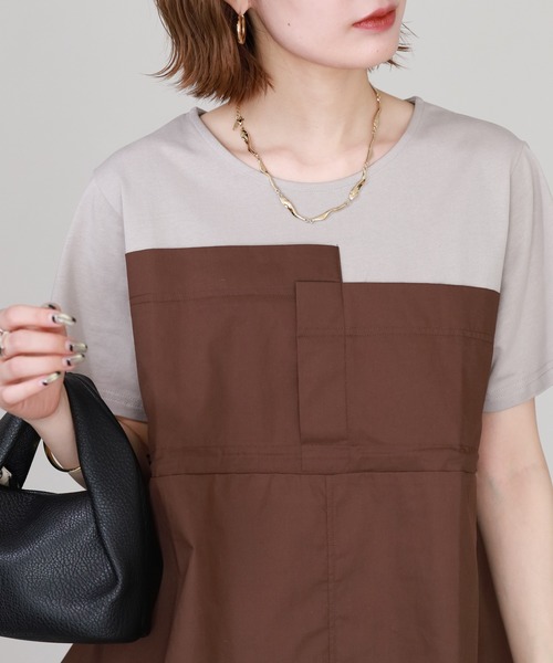 Arinomama(アリノママ)の「Arinomama 200g コーマ糸シルケット天竺 ビスチェ ドッキング Tシャツ 半袖(Tシャツ/カットソー・レディース・グレイッシュベージュ/ホワイト系/ブラック系・FREE)」の4枚目の写真