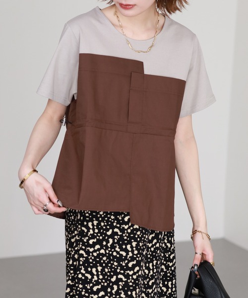 Arinomama(アリノママ)の「Arinomama 200g コーマ糸シルケット天竺 ビスチェ ドッキング Tシャツ 半袖(Tシャツ/カットソー・レディース・グレイッシュベージュ/ホワイト系/ブラック系・FREE)」の6枚目の写真