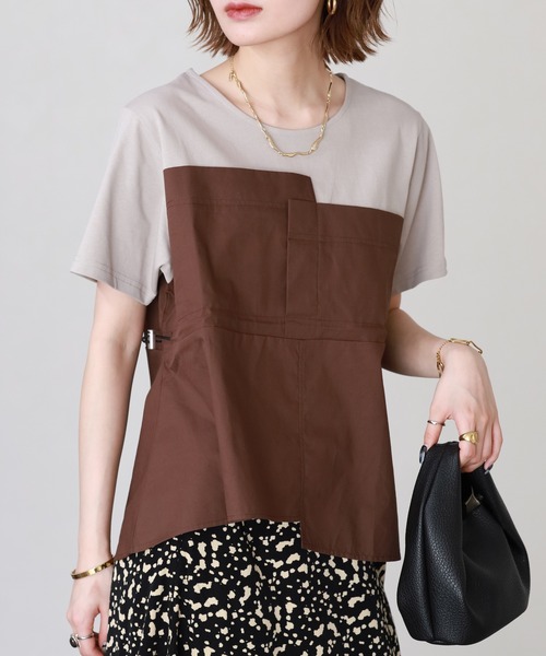 Arinomama(アリノママ)の「Arinomama 200g コーマ糸シルケット天竺 ビスチェ ドッキング Tシャツ 半袖(Tシャツ/カットソー・レディース・グレイッシュベージュ/ホワイト系/ブラック系・FREE)」の8枚目の写真