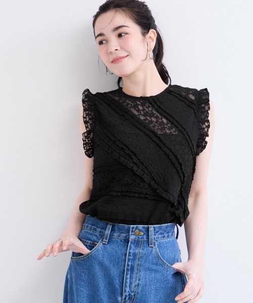 le cercle ADAM ET ROPE'(ルセルクルアダムエロペ)の「フリルレースプルオーバー(Tシャツ/カットソー・レディース・ブラック/オフホワイト・FREE)」の7枚目の写真