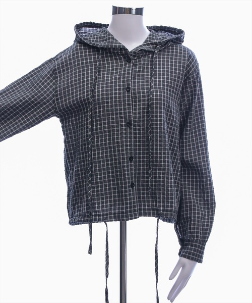STAY MOTION（ステイモーション）の「【WEB限定】フード付き裾ドロストチェック柄シャツ［骨格ナチュラル／韓国ファッション／カジュアル］（シャツ/ブラウス・レディース・ブラック/アイボリー・F）」の10枚目の写真