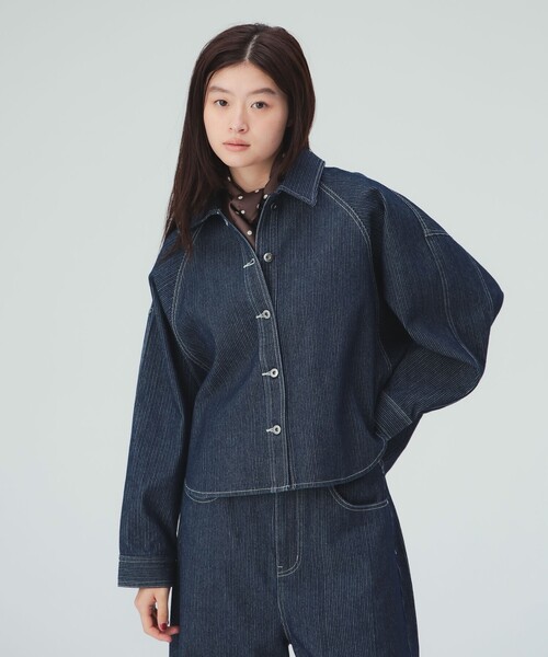 BEAMS HEART(ビームスハート)の「ジャカード ストライプ デニム ジャケット(デニムジャケット・レディース・ネイビー/ブラック・FREE)」の5枚目の写真