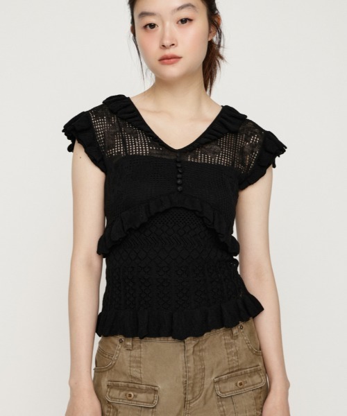 CROCHET FRILL TOPS — вязаный крючком топ с оборками, осенняя коллекция, шарф‑топ, вязаный тонкий топ