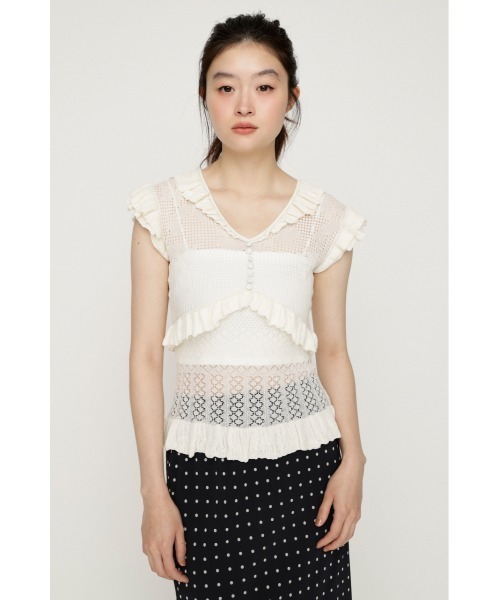 SLY(スライ)の「CROCHET FRILL TOPS クロシェフリルトップス シアートップス シアーニット 夏服 秋服(ニット/セーター・レディース・アイボリー/ダークパープル/ブラック・FREE)」の4枚目の写真
