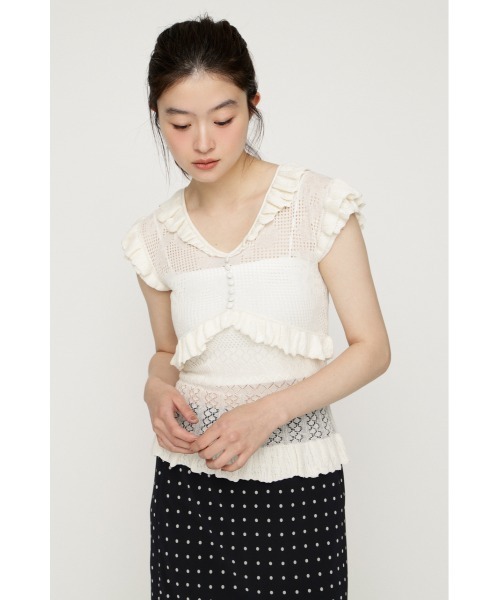 SLY(スライ)の「CROCHET FRILL TOPS クロシェフリルトップス シアートップス シアーニット 夏服 秋服(ニット/セーター・レディース・アイボリー/ダークパープル/ブラック・FREE)」の6枚目の写真