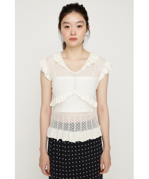 SLY(スライ)の「CROCHET FRILL TOPS クロシェフリルトップス シアートップス シアーニット 夏服 秋服(ニット/セーター・レディース・アイボリー/ダークパープル/ブラック・FREE)」の7枚目の写真