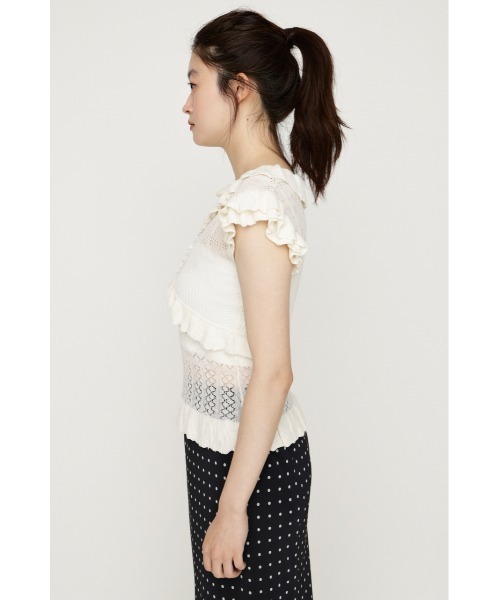 SLY(スライ)の「CROCHET FRILL TOPS クロシェフリルトップス シアートップス シアーニット 夏服 秋服(ニット/セーター・レディース・アイボリー/ダークパープル/ブラック・FREE)」の8枚目の写真