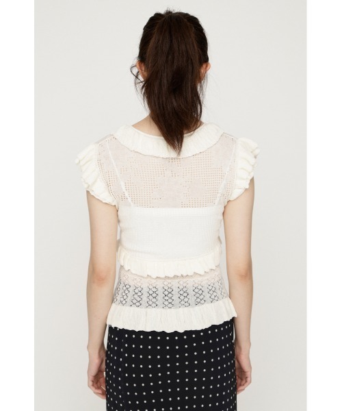 SLY(スライ)の「CROCHET FRILL TOPS クロシェフリルトップス シアートップス シアーニット 夏服 秋服(ニット/セーター・レディース・アイボリー/ダークパープル/ブラック・FREE)」の9枚目の写真