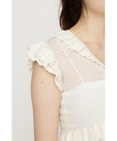 SLY(スライ)の「CROCHET FRILL TOPS クロシェフリルトップス シアートップス シアーニット 夏服 秋服(ニット/セーター・レディース・アイボリー/ダークパープル/ブラック・FREE)」の11枚目の写真