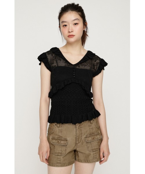 SLY(スライ)の「CROCHET FRILL TOPS クロシェフリルトップス シアートップス シアーニット 夏服 秋服(ニット/セーター・レディース・アイボリー/ダークパープル/ブラック・FREE)」の12枚目の写真