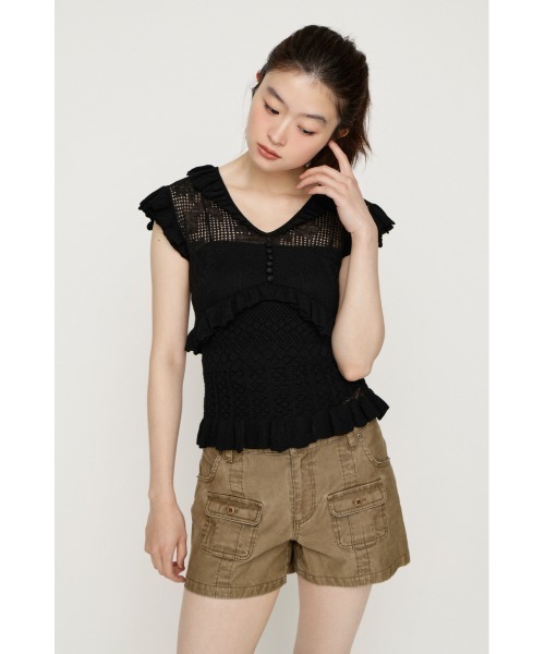 SLY(スライ)の「CROCHET FRILL TOPS クロシェフリルトップス シアートップス シアーニット 夏服 秋服(ニット/セーター・レディース・アイボリー/ダークパープル/ブラック・FREE)」の14枚目の写真