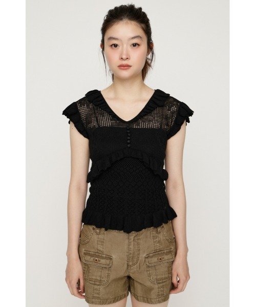 SLY(スライ)の「CROCHET FRILL TOPS クロシェフリルトップス シアートップス シアーニット 夏服 秋服(ニット/セーター・レディース・アイボリー/ダークパープル/ブラック・FREE)」の15枚目の写真