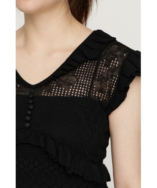 SLY(スライ)の「CROCHET FRILL TOPS クロシェフリルトップス シアートップス シアーニット 夏服 秋服(ニット/セーター・レディース・アイボリー/ダークパープル/ブラック・FREE)」の16枚目の写真