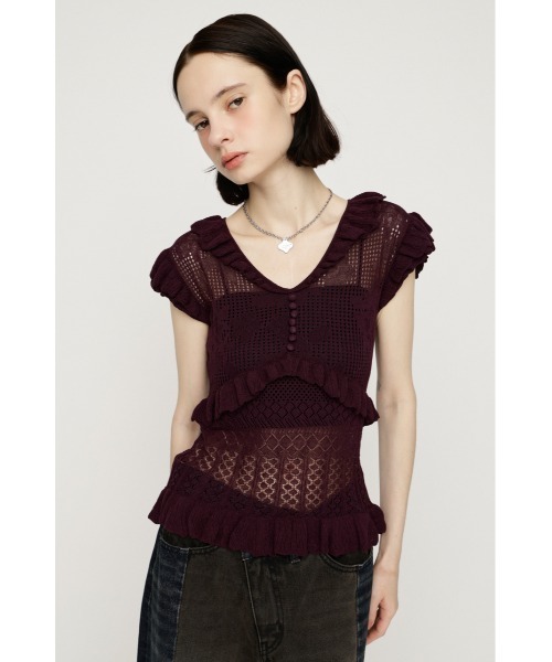 SLY(スライ)の「CROCHET FRILL TOPS クロシェフリルトップス シアートップス シアーニット 夏服 秋服(ニット/セーター・レディース・アイボリー/ダークパープル/ブラック・FREE)」の17枚目の写真