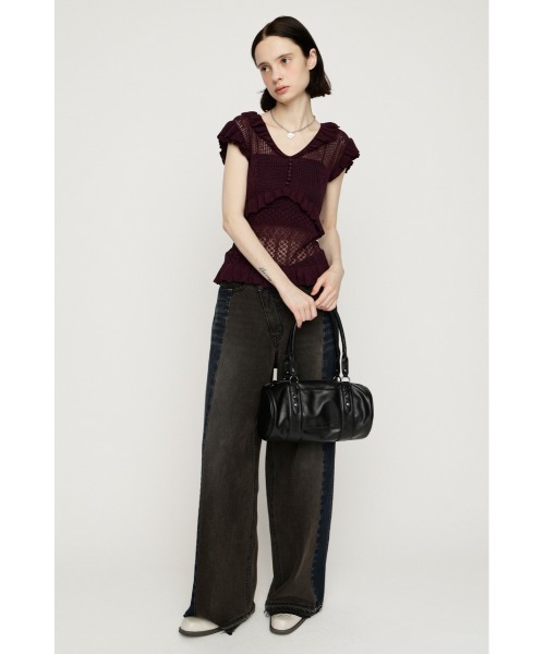 SLY(スライ)の「CROCHET FRILL TOPS クロシェフリルトップス シアートップス シアーニット 夏服 秋服(ニット/セーター・レディース・アイボリー/ダークパープル/ブラック・FREE)」の18枚目の写真