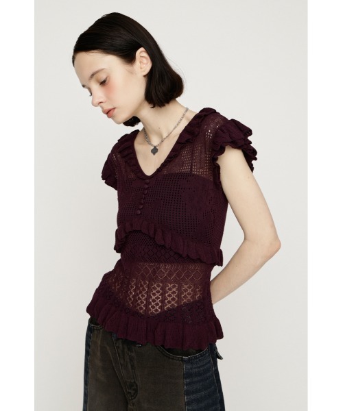 SLY(スライ)の「CROCHET FRILL TOPS クロシェフリルトップス シアートップス シアーニット 夏服 秋服(ニット/セーター・レディース・アイボリー/ダークパープル/ブラック・FREE)」の19枚目の写真