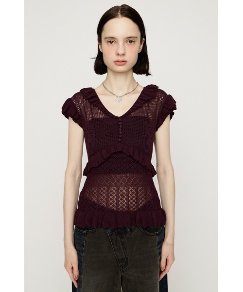 SLY(スライ)の「CROCHET FRILL TOPS クロシェフリルトップス シアートップス シアーニット 夏服 秋服(ニット/セーター・レディース・アイボリー/ダークパープル/ブラック・FREE)」の20枚目の写真