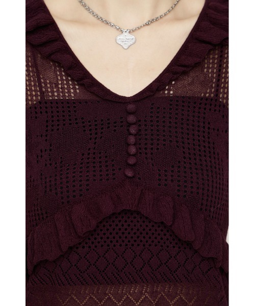 SLY(スライ)の「CROCHET FRILL TOPS クロシェフリルトップス シアートップス シアーニット 夏服 秋服(ニット/セーター・レディース・アイボリー/ダークパープル/ブラック・FREE)」の21枚目の写真