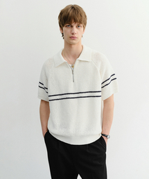 HALF ZIP-UP STRIPED POLO KNIT_UDSW6B322_WHITE