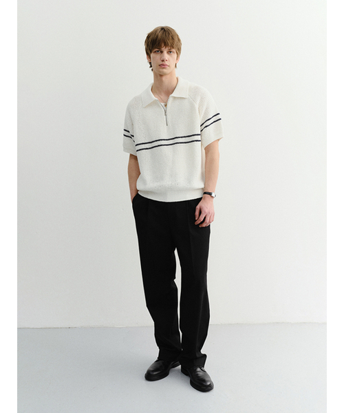 DUNST FOR MEN(ダンストフォーメン)の「HALF ZIP-UP STRIPED POLO KNIT_UDSW6B322_WHITE(ニット/セーター・メンズ・ホワイト・SMALL/MEDIUM/LARGE)」の2枚目の写真