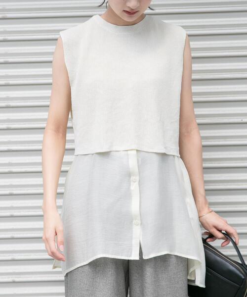 ITEMS URBANRESEARCH(アイテムズ アーバンリサーチ)の「ノースリーブニットドッキングシャツ(シャツ/ブラウス・レディース・ブラウン/オフホワイト/ブラック・FREE)」の1枚目の写真