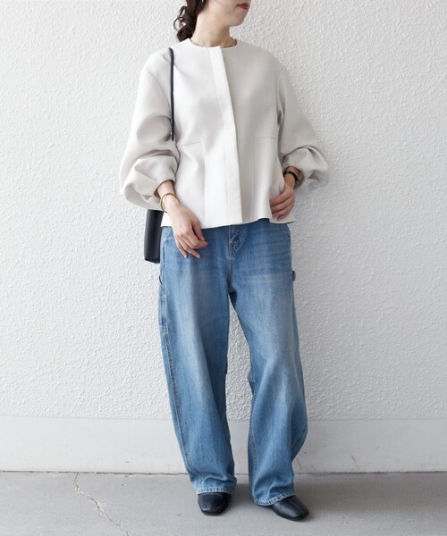 SHIPS any（シップス エニィ）の「SHIPS any:〈手洗い可能〉パフ スリーブ ノーカラー ジャケット［NAVY BLUE］（ノーカラージャケット・レディース・ネイビー/ナチュラル・ONE SIZE）」の3枚目の写真