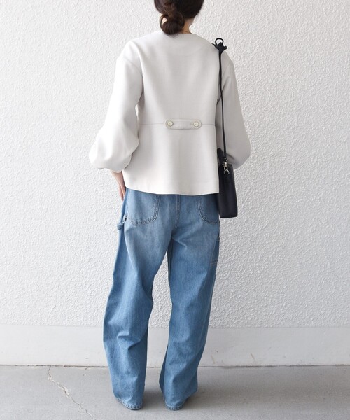 SHIPS any（シップス エニィ）の「SHIPS any:〈手洗い可能〉パフ スリーブ ノーカラー ジャケット［NAVY BLUE］（ノーカラージャケット・レディース・ネイビー/ナチュラル・ONE SIZE）」の4枚目の写真