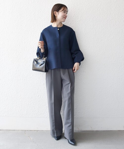 SHIPS any（シップス エニィ）の「SHIPS any:〈手洗い可能〉パフ スリーブ ノーカラー ジャケット［NAVY BLUE］（ノーカラージャケット・レディース・ネイビー/ナチュラル・ONE SIZE）」の11枚目の写真
