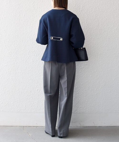 SHIPS any（シップス エニィ）の「SHIPS any:〈手洗い可能〉パフ スリーブ ノーカラー ジャケット［NAVY BLUE］（ノーカラージャケット・レディース・ネイビー/ナチュラル・ONE SIZE）」の12枚目の写真