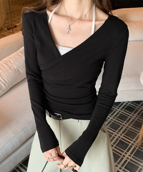 LEMOA(レモア)の「カシュクール風レイヤード長袖リブカットソー(Tシャツ/カットソー・レディース・ブラック/ダークブラウン/ベージュ/グレイッシュベージュ・MEDIUM/LARGE/X-LARGE)」の1枚目の写真